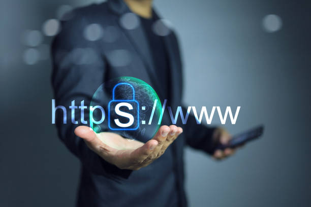 Website developer Website developer holding security https www choosing domain type more secure to increase security. Encrypted communication protocol using Asymmetric Algorithm. hypertext stock pictures, royalty-free photos & images