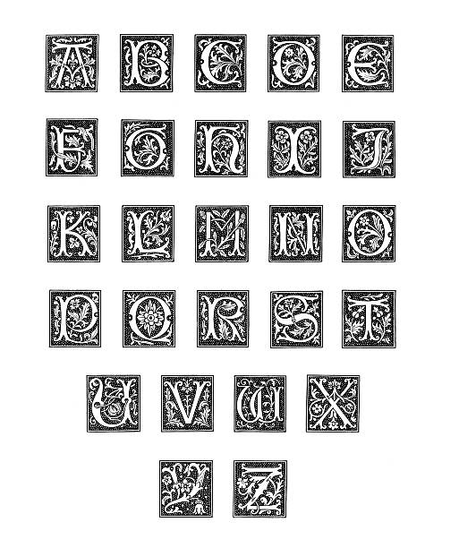 Alphabet from Woodcut Engravings The Alphabet from Woodcut EngravingsThis copy was printed in 1845 r and d stock illustrations