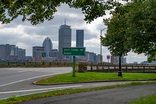 North Harvard Street Bridge viewed from John F Kennedy Park.  In the background is the Boston skyline.