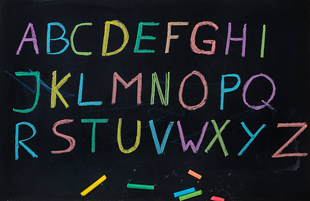 abc 문자가 칠판, 채색기법 분필-알파벳 tafel - handwriting blackboard alphabet alphabetical order 뉴스 사진 이미지