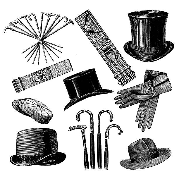 mix aus mode und accessoires für herren - engraved image engraving victorian style old fashioned stock-grafiken, -clipart, -cartoons und -symbole