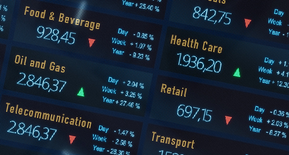 Stock market and exchange. HEatl Care, Retail, Oil and Gas, Food and Beverage sector index information. Business, investment, research, analyzing, financial figures, data.