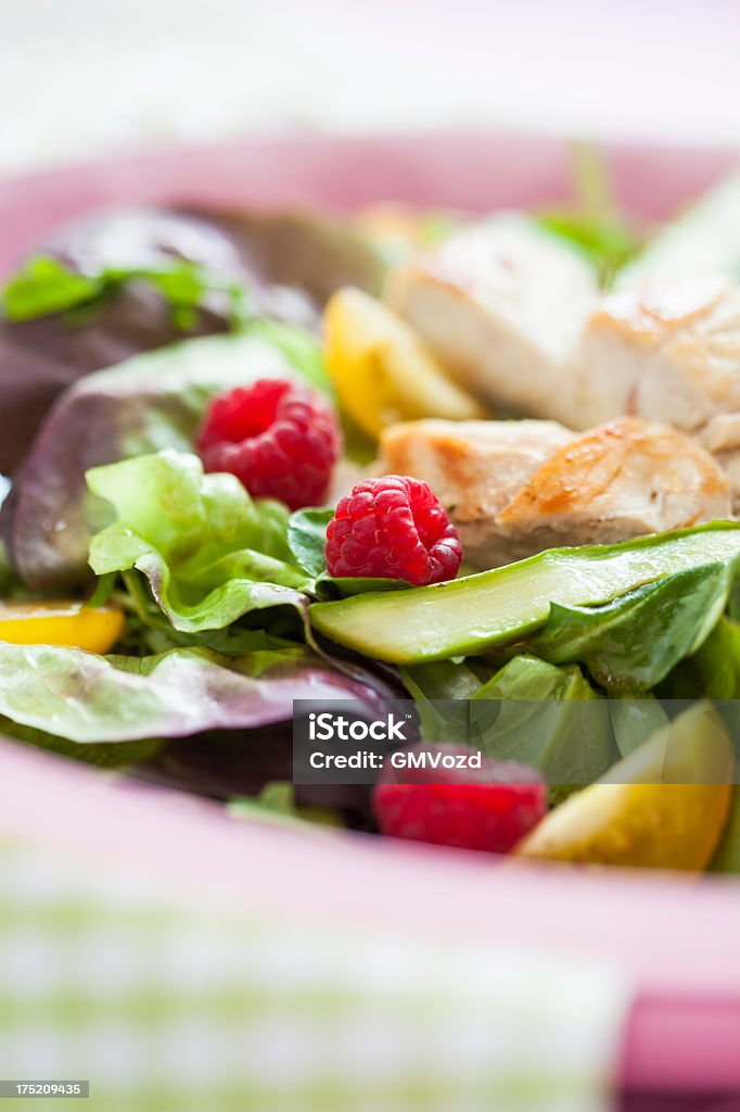 Chicken Salad Green salad with grilled chicken, asparagus, tomatoes and raspberries Asparagus Stock Photo