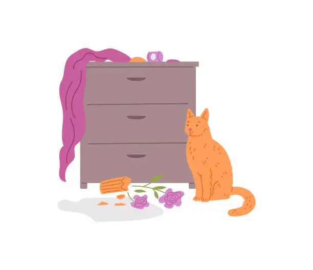 Vector illustration of Pet mess, broken vase, scattered things over dresser.