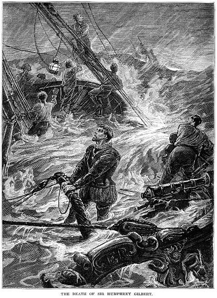 ilustraciones, imágenes clip art, dibujos animados e iconos de stock de la muerte de sir humphrey gilbert - storm sailing ship sea shipwreck