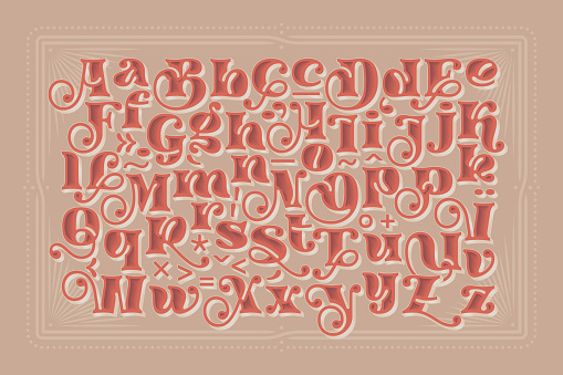 Vintage alphabet set with extruded vector effect and decorative design elements.