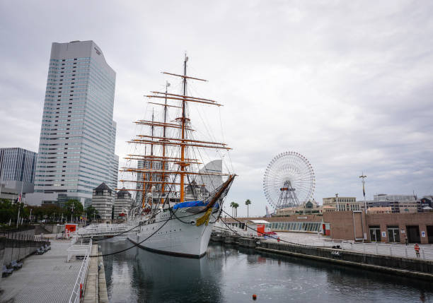 Yokohama, Japan - Nov 5, 2014. A traditional cruise ship docking at downtown in Yokohama, Japan. Yokohama is located approximately 30 km south of Tokyo.