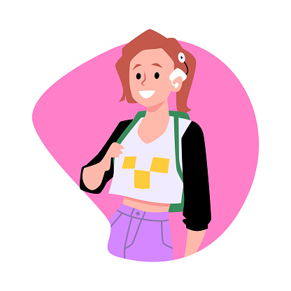 Deaf girl with hearing aid. Vector isolated character with hearing aid BTE devices with external receiver inserted into ear. Teenager has hearing disability using medical gadget, cochlear implant