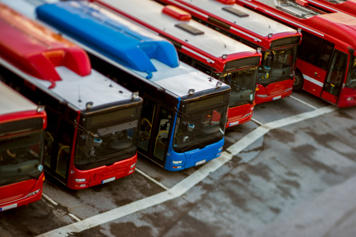 Parked buses in a row, 