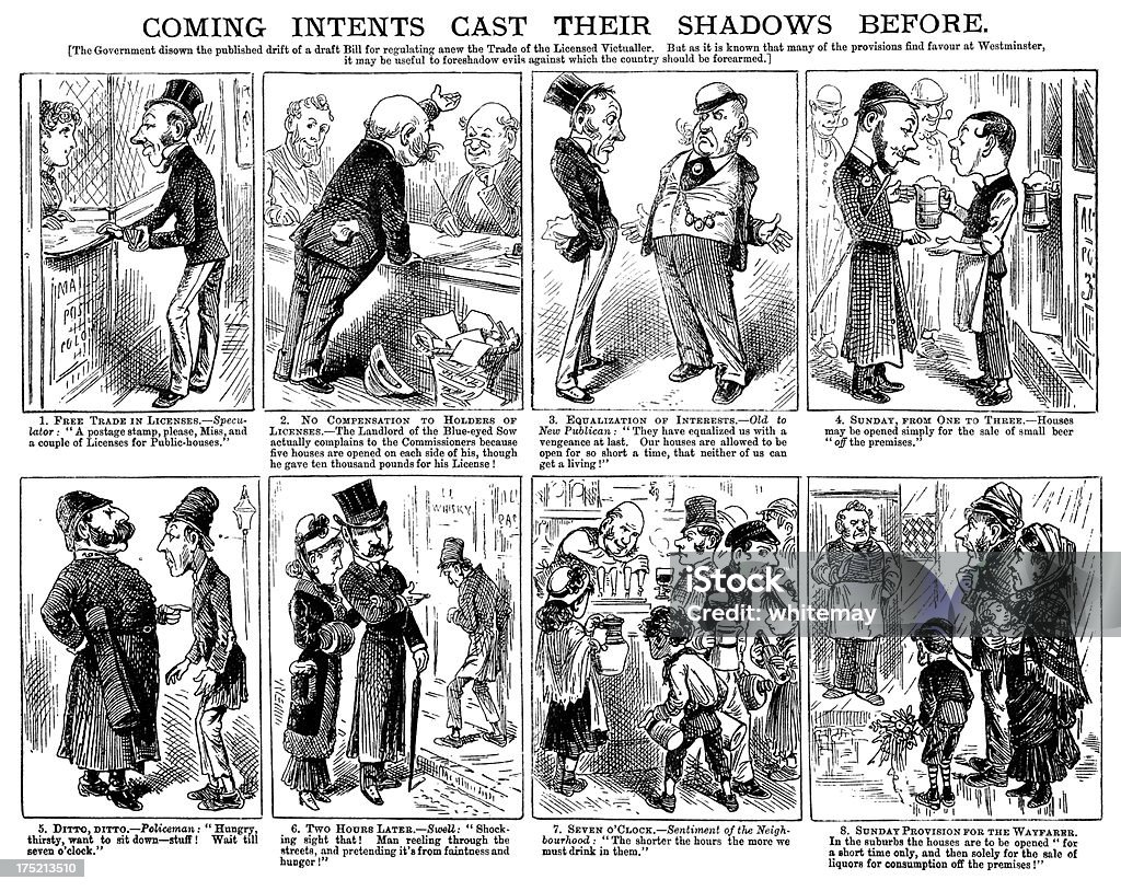 Perils and pitfalls of alcoholic drinks licensing "The problem of licensing restrictions for alcoholic drinks is eternal. A comic strip from aFunny Folks - The Comic Companion to the Newspaperai dated 19th March 1881,  it was the first British aEcomicaa paper." Humor stock illustration