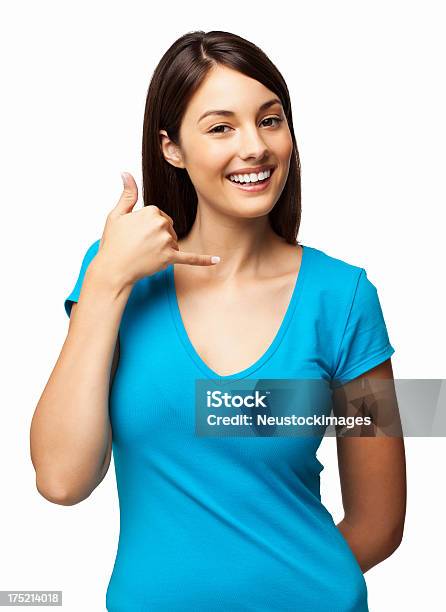 Pretty Woman Making A Call Me Gesture Isolated Stock Photo - Download Image Now - 20-29 Years, Adult, Adults Only