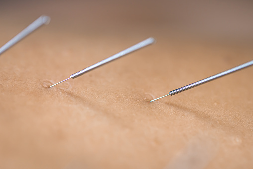 Closeup macro of a needle that is threaded with a black thread isolated in white background