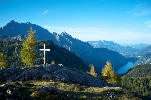 View over the Berchtesgaden mountains in the Alps. Famous Watzmann mountain and Lake KAnigssee in the background.