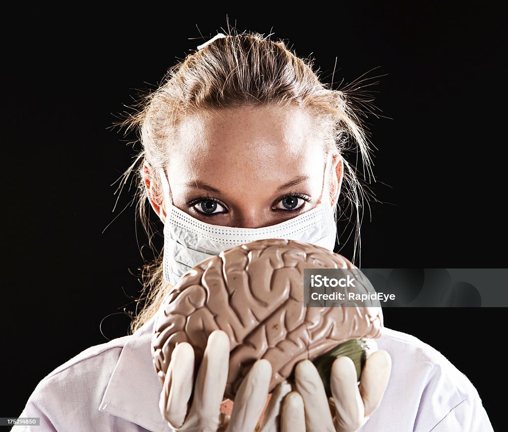Mujer profesional médico mirando sobre el modelo del cerebro humano - Foto de stock de Adulto libre de derechos