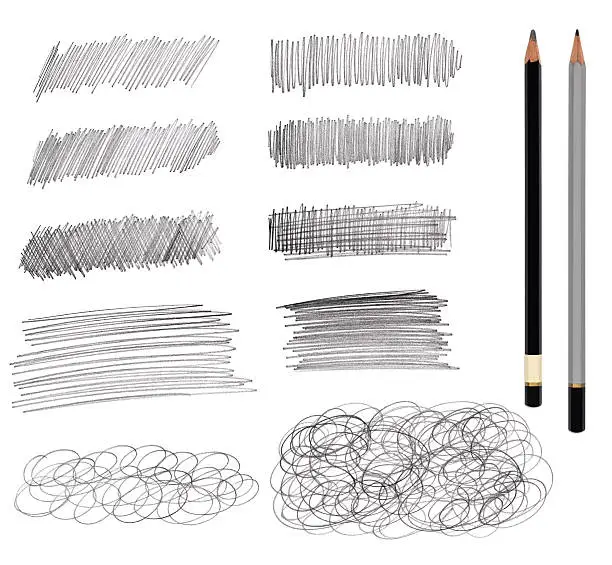 "Two pencils with clipping paths and drawings, sketches isolated on white."