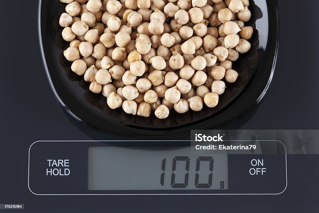 Chickpeas on kitchen scale Chickpeas in a black plate on digital scale displaying 100 gram. Balance Stock Photo