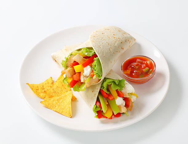 istock mexican fajitas (tortilla wraps) on a white plate 175215959