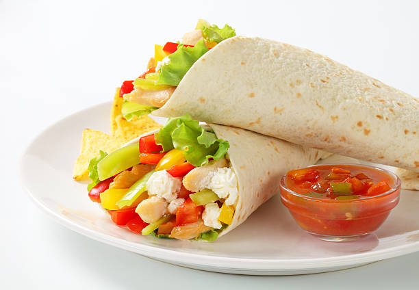 istock mexican fajitas (tortilla wraps) on a white plate 175215962