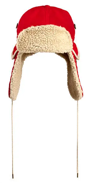 Red wool and Fleece winter hat with ear flaps, known as a Trappers Hat.