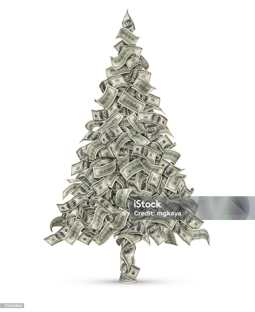 Christmas Tree Made From Dollars Flowing one hundred-dollar bills in the shape of christmas tree. Isolated on white background. Currency Stock Photo