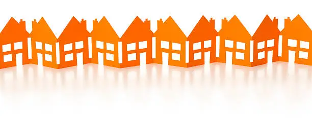 Row of orange paper chain houses. Isolated on a pure white background, absolutely no dot in the white area no need to cut-out e.g. can be dropped directly on to a white web page seemlessly.