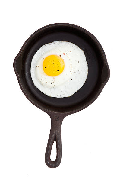 Looking directly down on a fried egg in a cast iron frying pan.
