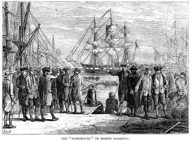 Darthmouth in Boston Harbour "Vintage engraving of showing the Darthmouth in Boston Harbour, which was one of the ships involved with the Boston Tea Party, a political protest by the Sons of Liberty in Boston, a city in the British colony of Massachusetts, against the tax policy of the British government and the East India Company that controlled all the tea imported into the colonies." colonial style photos stock illustrations
