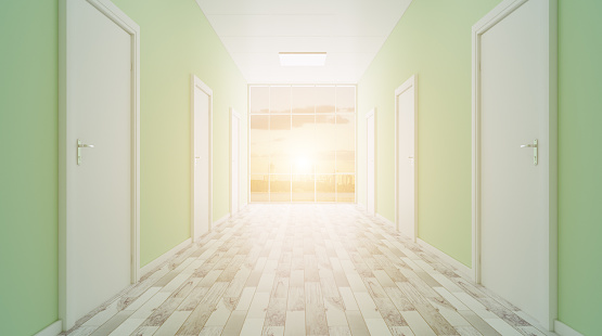 The Corridor in office building. 3D rendering. Sunset