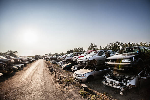 Car Junkyard Car Junkyard, backlighting and lens flare. junkyard photos stock pictures, royalty-free photos & images