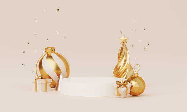 istock Christmas backgrounds with podium stage platform in minimal New year event theme. Merry Christmas scene for product display mock up banner. Empty stand pedestal decor in Xmas winter scene. 3D render. 1752192647