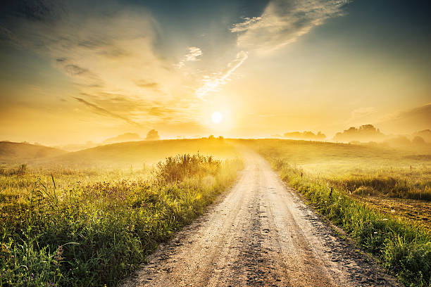 nascer do sol durante a manhã de névoa farm road xxxl hdr de paisagem - road country road empty autumn - fotografias e filmes do acervo