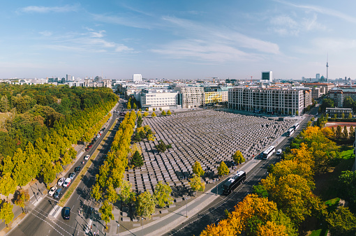 Aerial view of Monument to the Murdered Jews of Europe in Berlin Germany