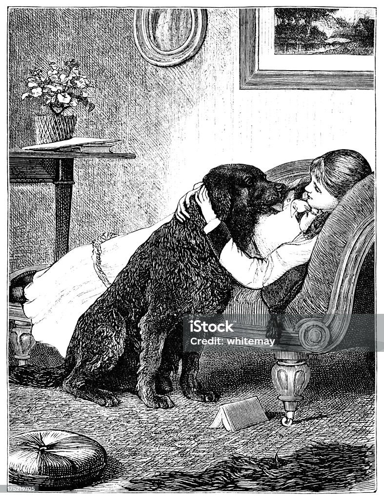 Victorian Mädchen auf einer Chaiselongue umarmen großen schwarzen Hund - Lizenzfrei Entspannung Stock-Illustration