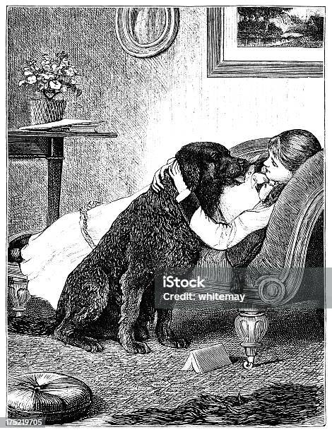 Victorian Mädchen Auf Einer Chaiselongue Umarmen Großen Schwarzen Hund Stock Vektor Art und mehr Bilder von Entspannung