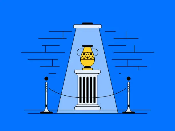 Vector illustration of Antique artifact, vase, an exhibition column with a rope barrier, history museum, colorful flat outline illustration.