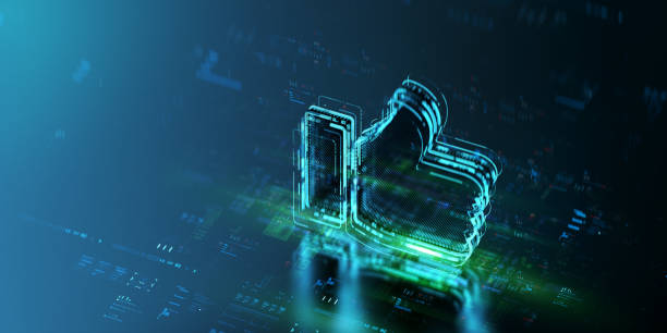 istock Digital like icon hologram on future tech background. Productivity and rating evolution. Futuristic thumbs up icon in world of technological progress and innovation. CGI 3D render 1752210433