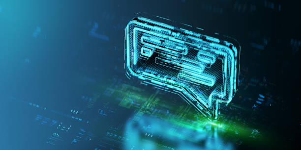 digital on-line chat icon hologram on future tech background. chat support evolution. futuristic chat icon in world of technological progress and innovation. cgi 3d render - beeldmanipulatie stockfoto's en -beelden