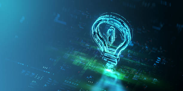 Digital light bulb icon hologram on future tech background. New ideas evolution. Futuristic light icon in world of technological progress and innovation. CGI 3D render
