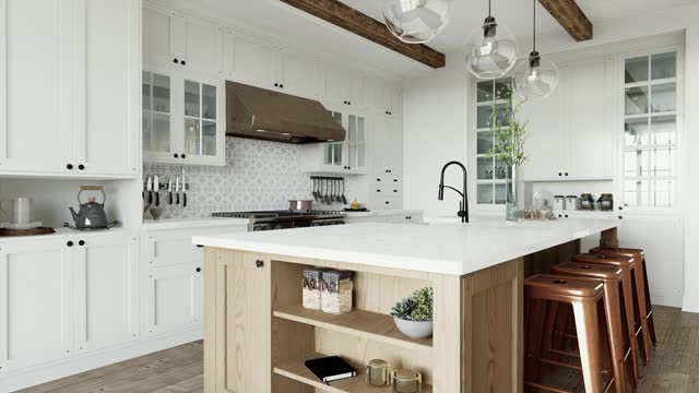 Traditional large L-shaped kitchen with large island and kitchen appliances. Kitchen interior with white cabinets and wooden island. 3D animation