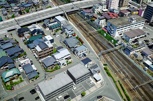 Yamagata, Japan - May 19, 2017. Modern houses with railway tracks at Yamagata City in Tohoku, Japan. Yamagata is located in Tohoku (northeastern) region on Honshu (main) island.