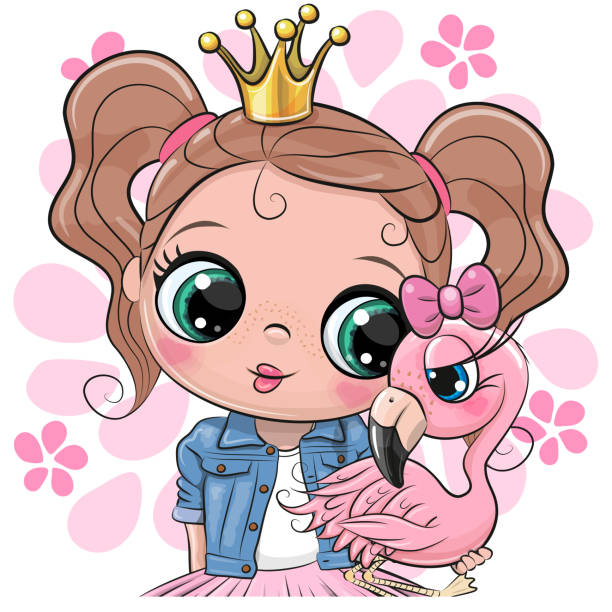 Cartoon Little Princess in a denim jacket holding a flamingo in her hands Cute Cartoon Little Princess in a denim jacket holding a flamingo in her hands clip art of a princess crown wallpaper stock illustrations