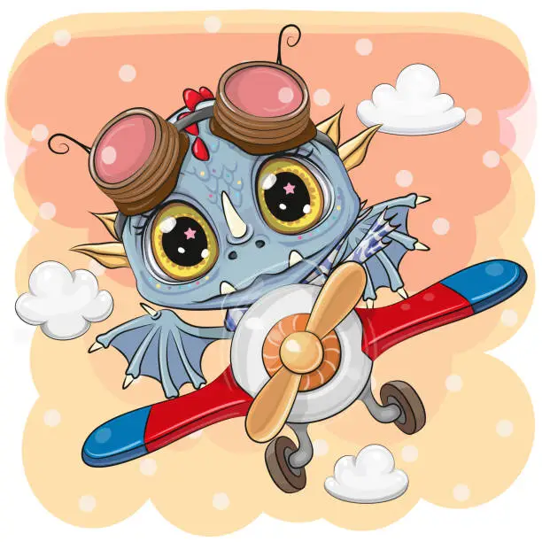Vector illustration of Cartoon Dragon is flying on a plane