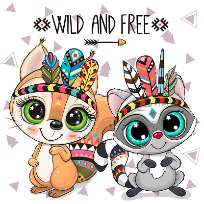Cute Cartoon tribal Squirrel and Raccoon with feathers