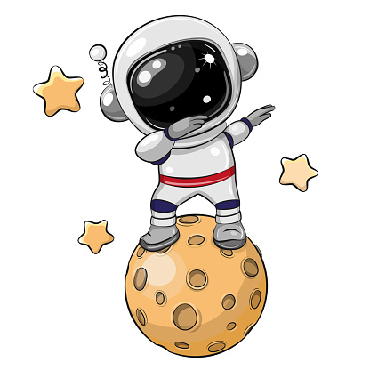 Cute Cartoon dancing astronaut on the moon isolated on a white background