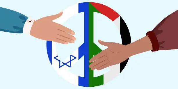 Vector illustration of Israel and Palestine handshake, peace symbol from Israel and Palestine flags. Peace concept vector illustration on blue background