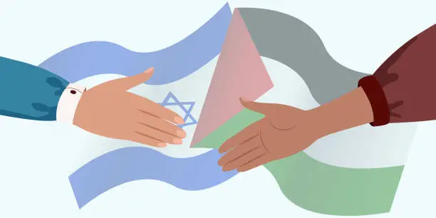 Vector illustration of Israel and Palestine handshake, waving Palestine and Israel flags on background. peace concept vector illustration. Stop war, unity concept.