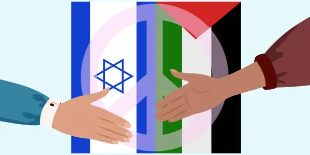 Vector illustration of Israel and Palestine handshake, peace symbol from Israel and Palestine flags.