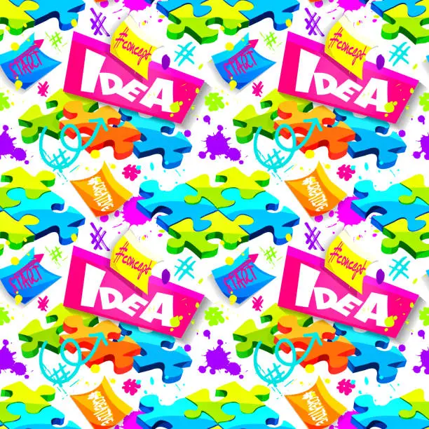 Vector illustration of Creativity and ideas concept in cartoon style. Assembled and disassembled puzzles with stickers and arrows on a white background with colorful splashes. Stylish creative vector seamless pattern.