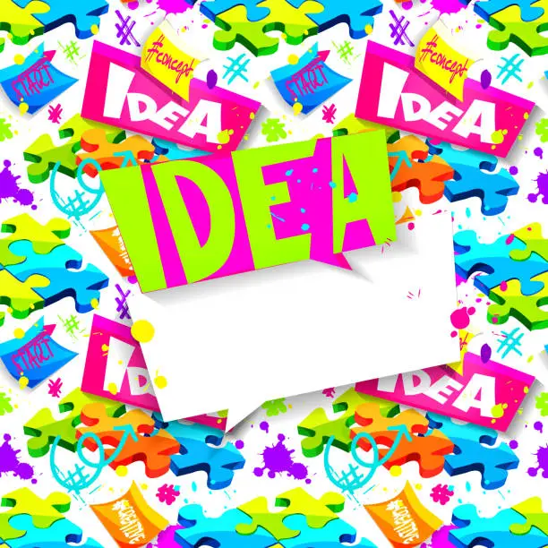 Vector illustration of Creativity and ideas concept in cartoon style. Assembled and disassembled puzzles with stickers and arrows on a white background with colorful splashes. Stylish abstract web banner with place for text.