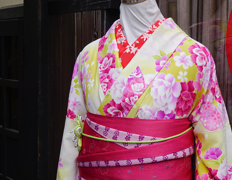 Japanese kimono on display in a clothing shop in Kyoto, Japan.